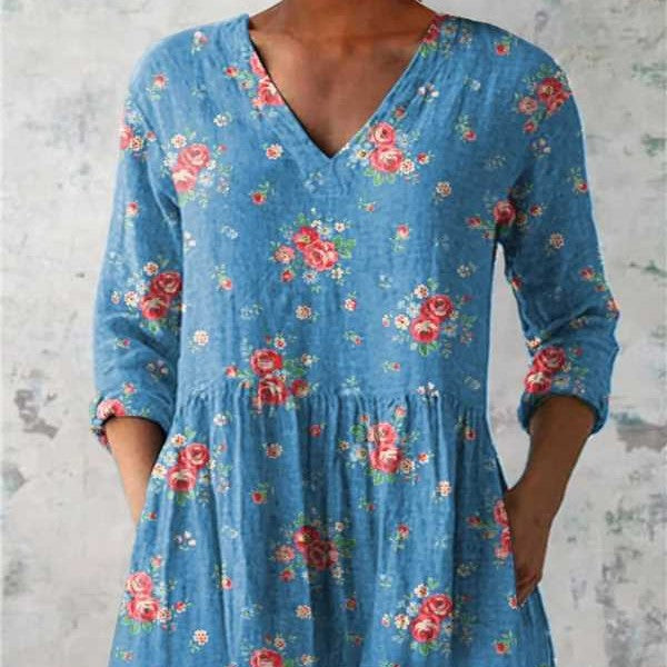 Blumen Midi-Kleid mit V-Ausschnitt – Bild 5 | LuxeStyle