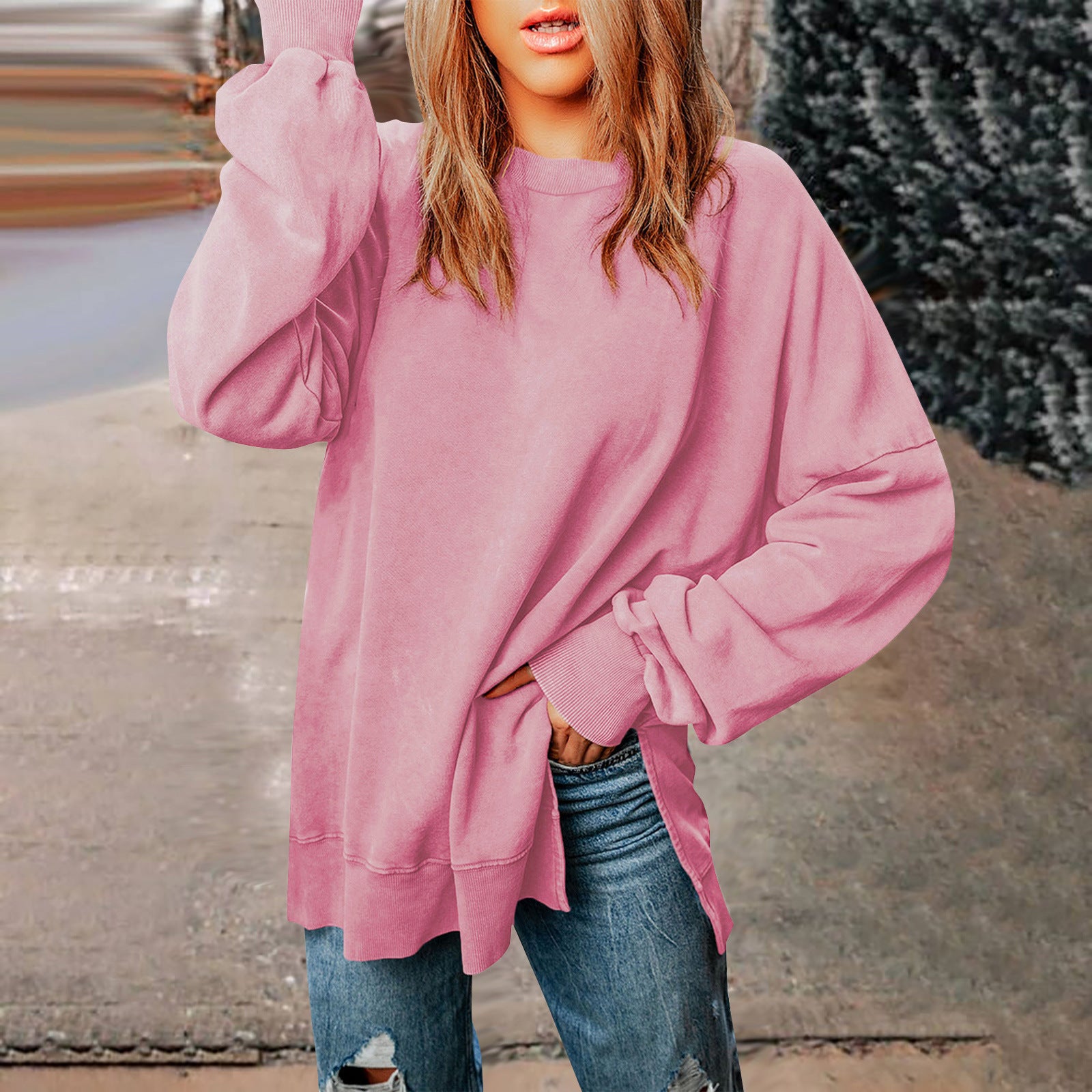 Unifarbener Pullover mit Rundhalsausschnitt