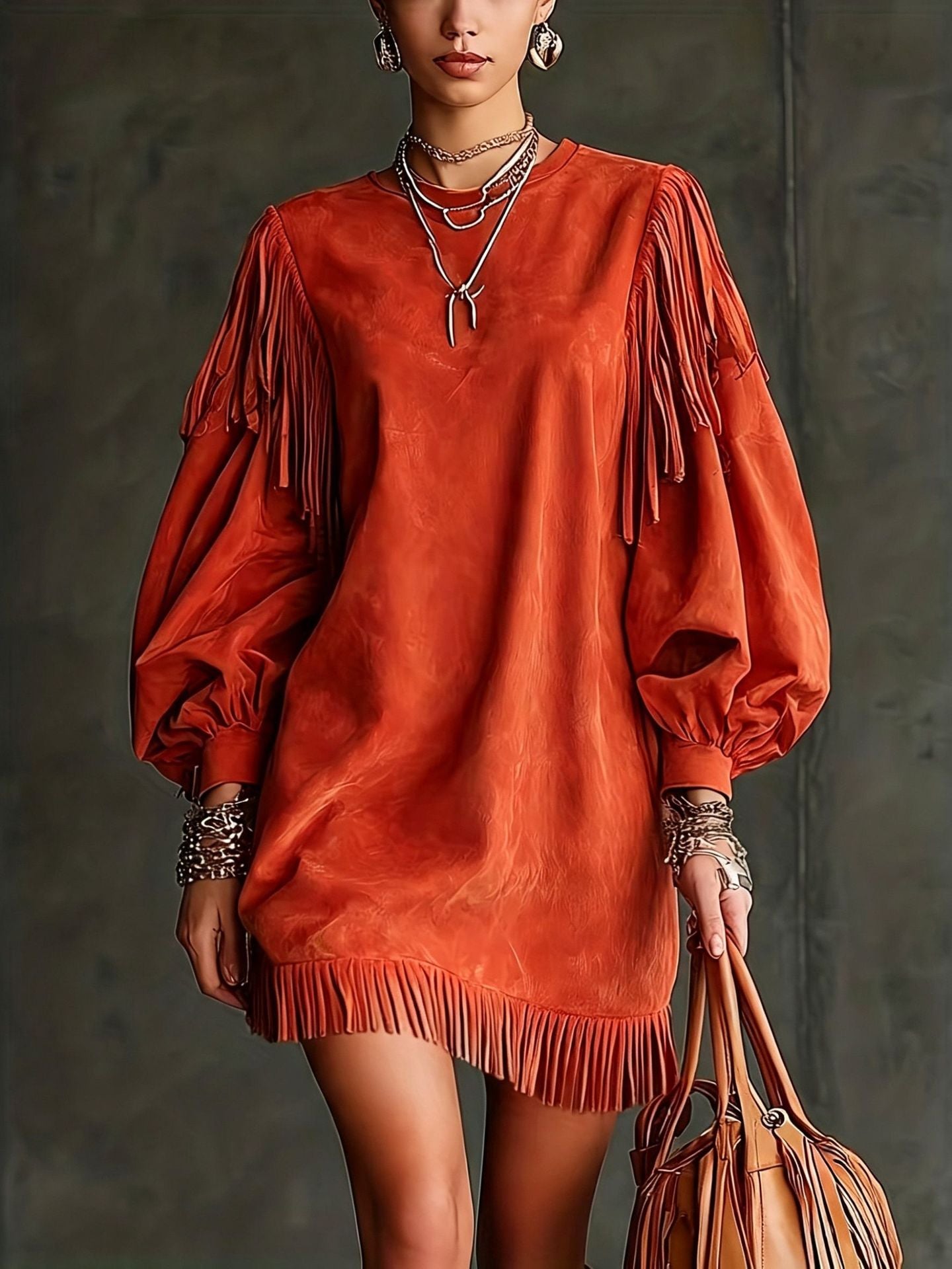 Damen Kurzarmkleid mit Lanternenärmeln und Fransen