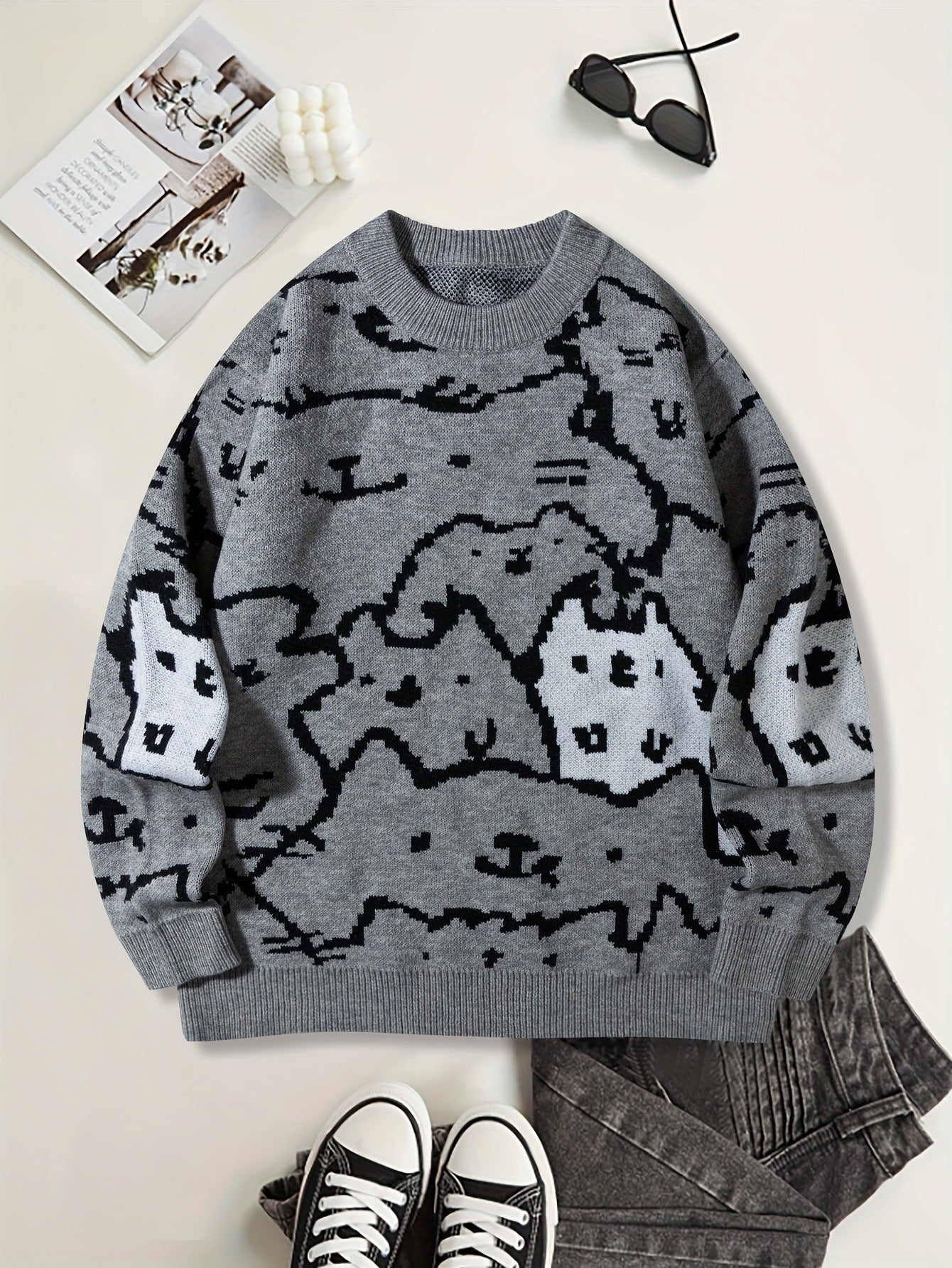 Herren Knit Sweater mit niedlichem Katzenprint