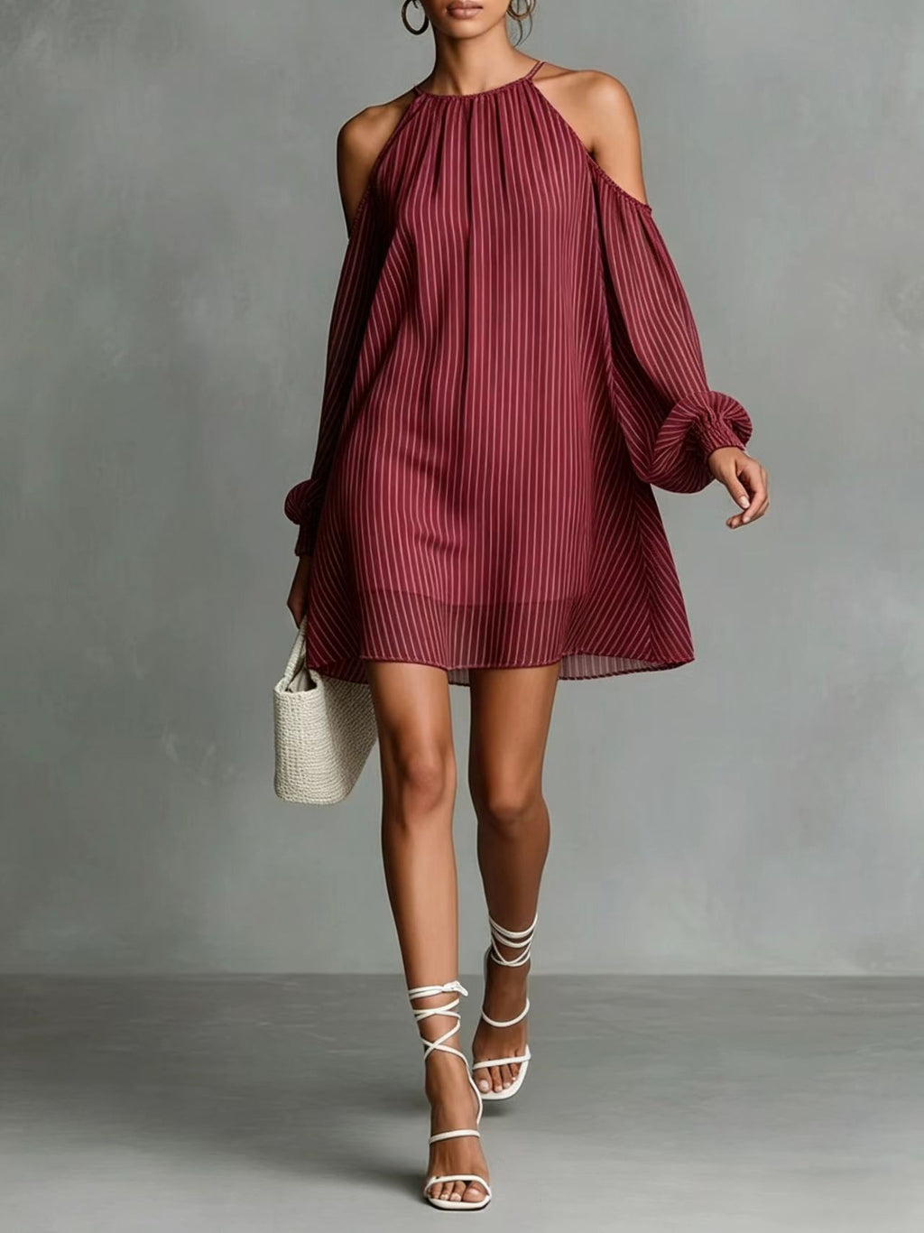 Off-Shoulder Gestreiftes Kurzarmkleid