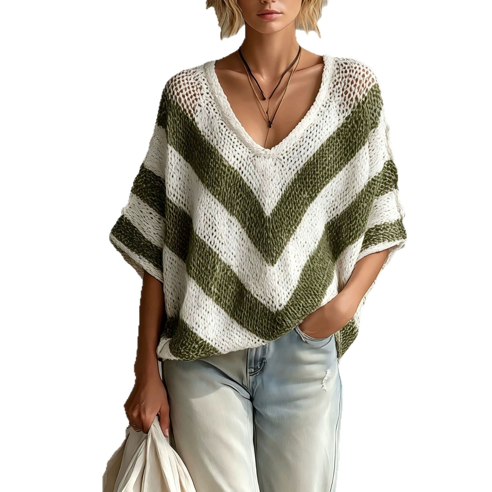 V-Ausschnitt Strickpullover mit Dreiviertelärmeln – Ansicht 6