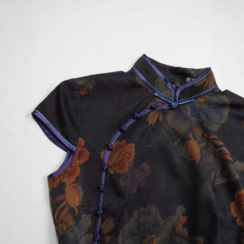 Vintage Stehkragen-Hemd mit Blumenmuster