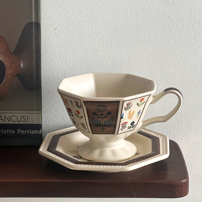 Retro-Oktagonalblumenkeramik Tasse & Untersetzer – Bild 2 | LuxeStyle