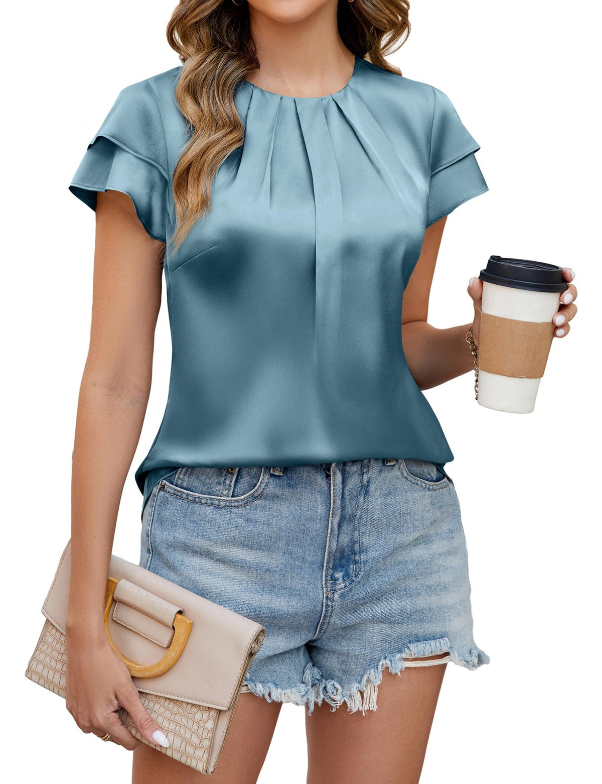 Satin-Shirt mit Plissee-Ärmeln und geschwungenem Saum – Bild 3 | LuxeStyle