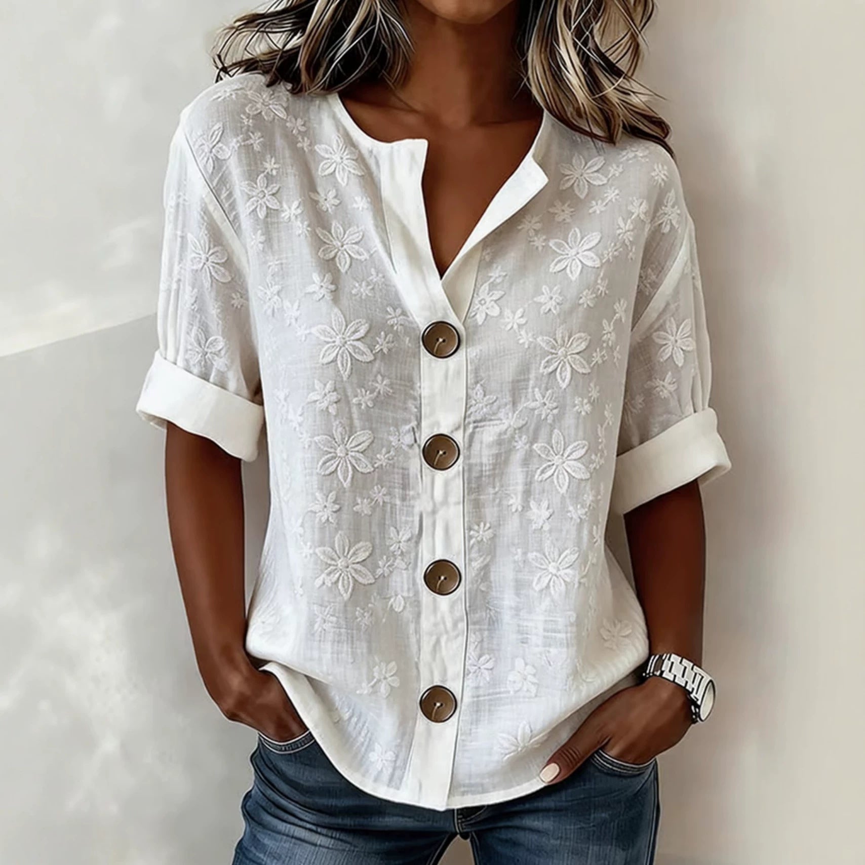 V-Neck Shirt Top mit 3D-Print
