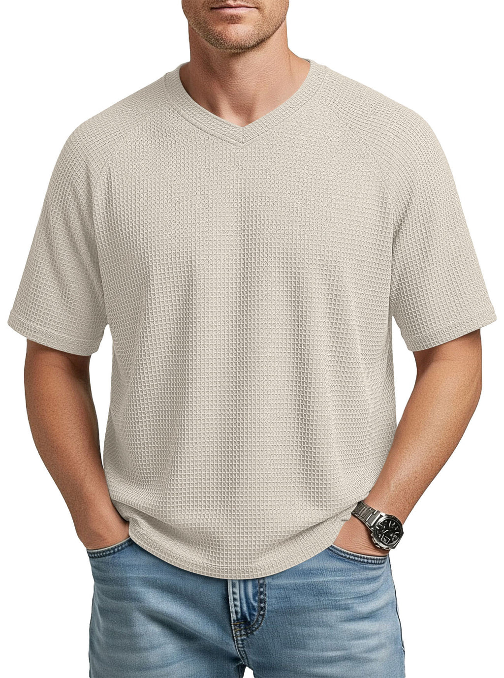Herren V-Ausschnitt Raglan Waffelstrick T-Shirt