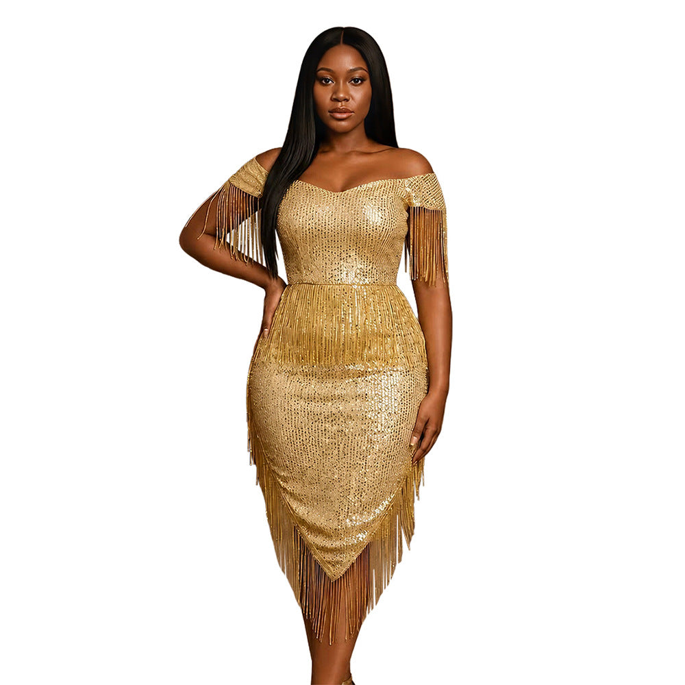 Off-Shoulder Tassel Kleid mit asymmetrischem Saum