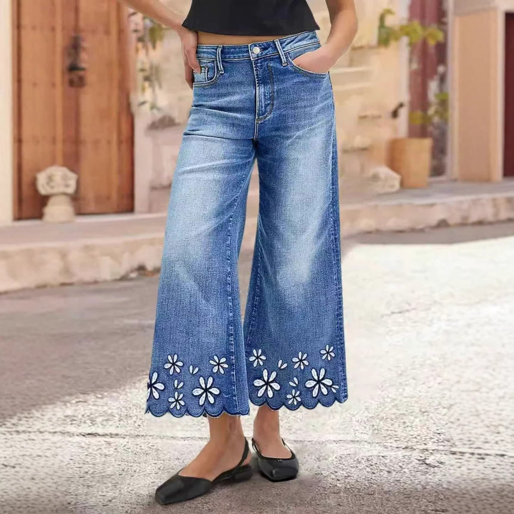 Chrysanthemen-Steppung Casual Stretch Damen Crop-Jeans