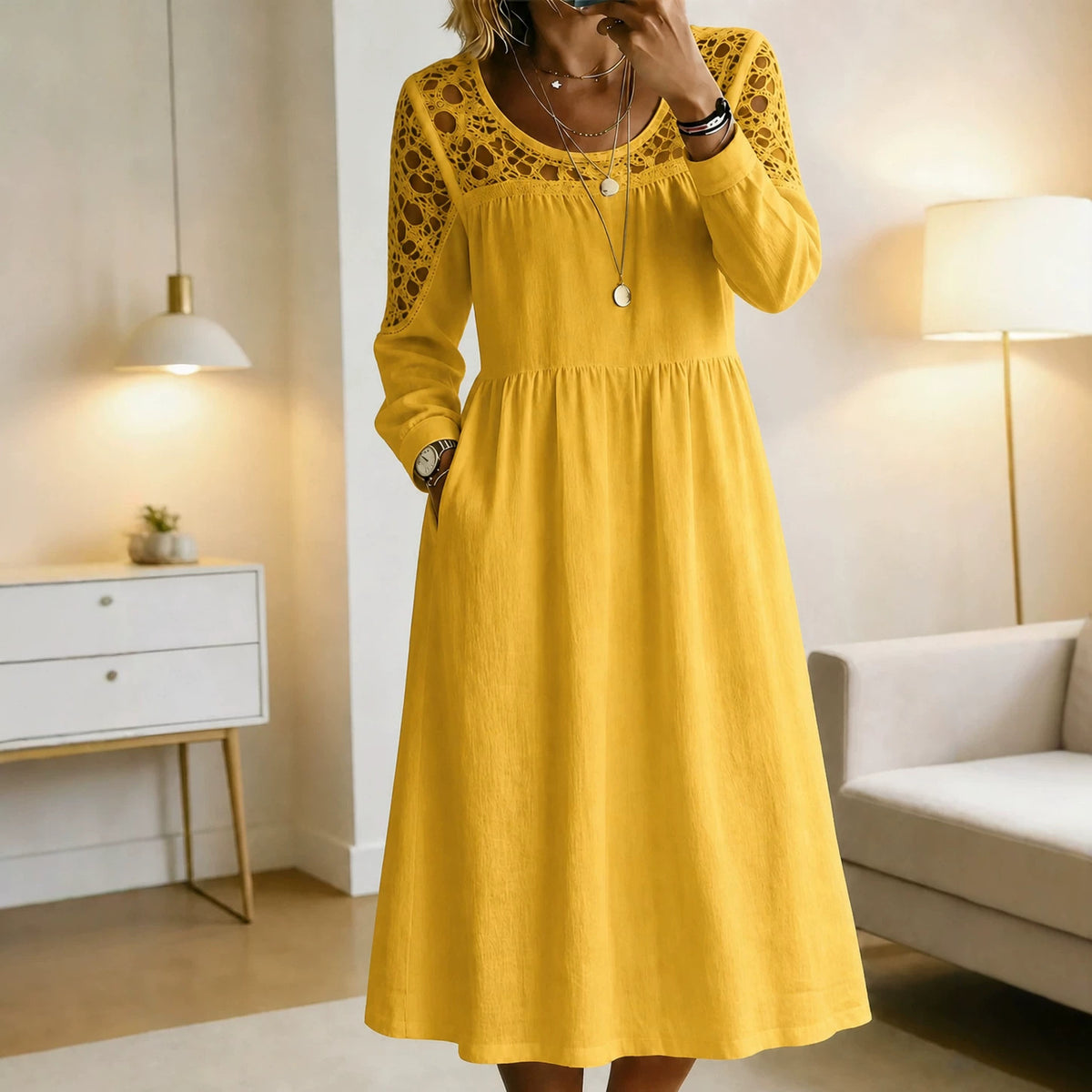 Besticktes A-Linien Midikleid aus Leinenmix – Bild 7 | LuxeStyle