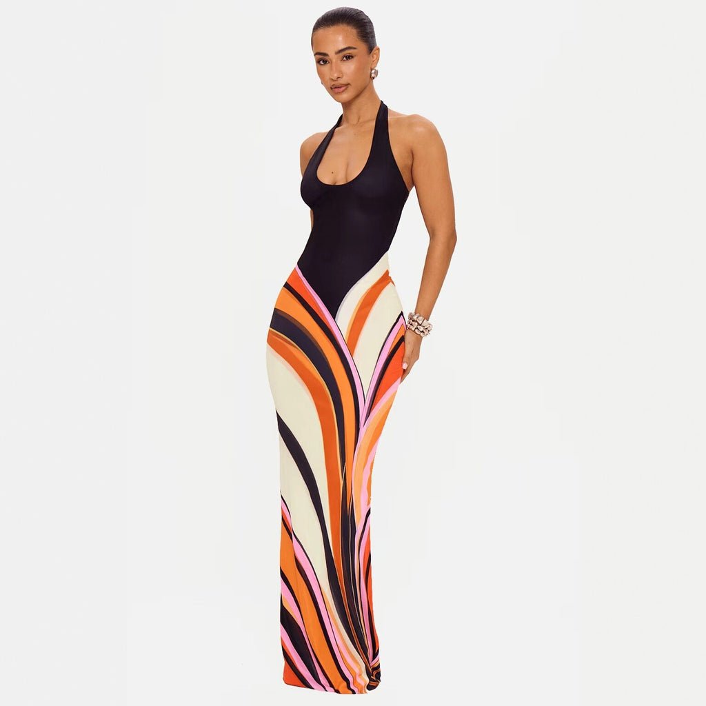 Figurbetontes Neckholder Maxikleid mit Farbblock