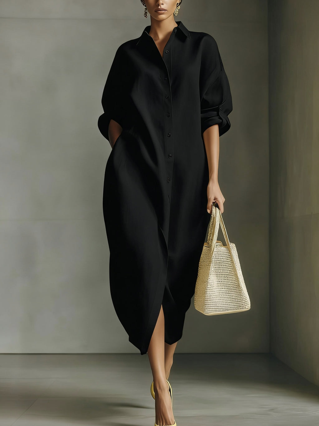 Langärmliges A-Linien Hemdkleid mit Reverskragen