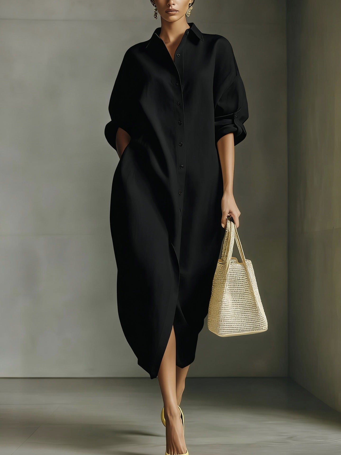Langärmliges A-Linien Hemdkleid mit Reverskragen