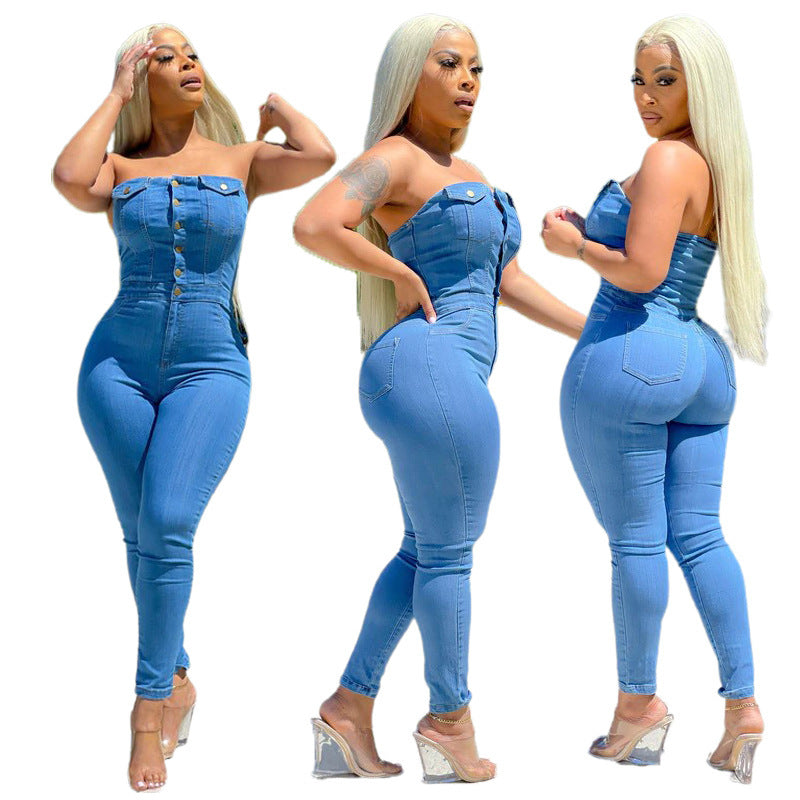 Slim Fit Denim Jumpsuit Ohne Schulter