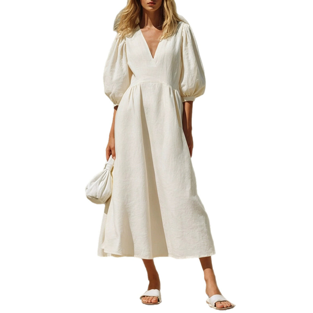 V-Ausschnitt Kleid mit Puffärmeln – Bild 1 | LuxeStyle