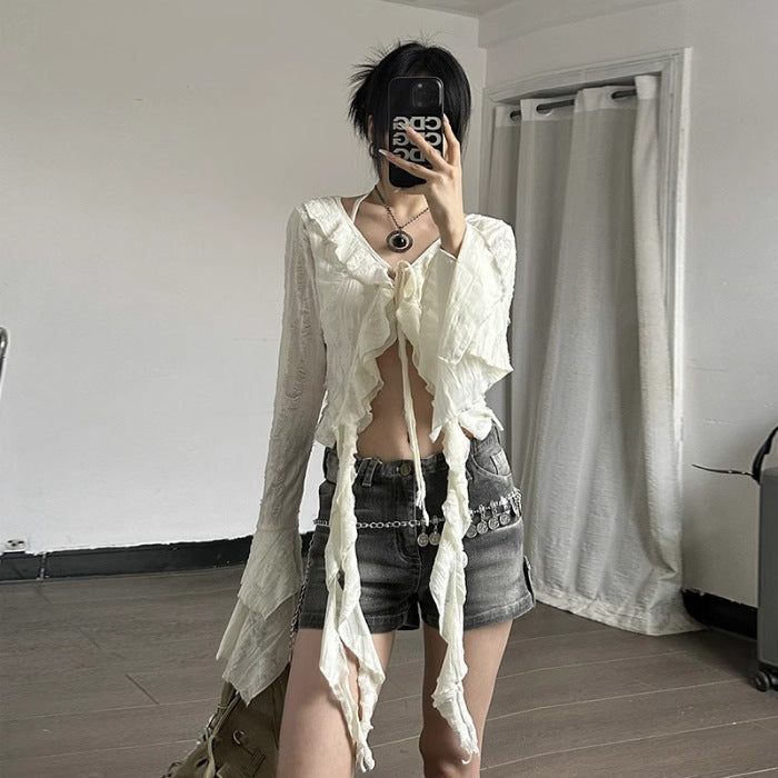 Gerüschtes V-Neck Cropped Top für Frühling/Sommer