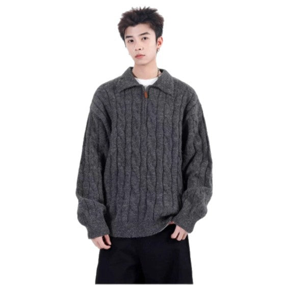 Retro Half-Zip Pullover mit Fischgratmuster