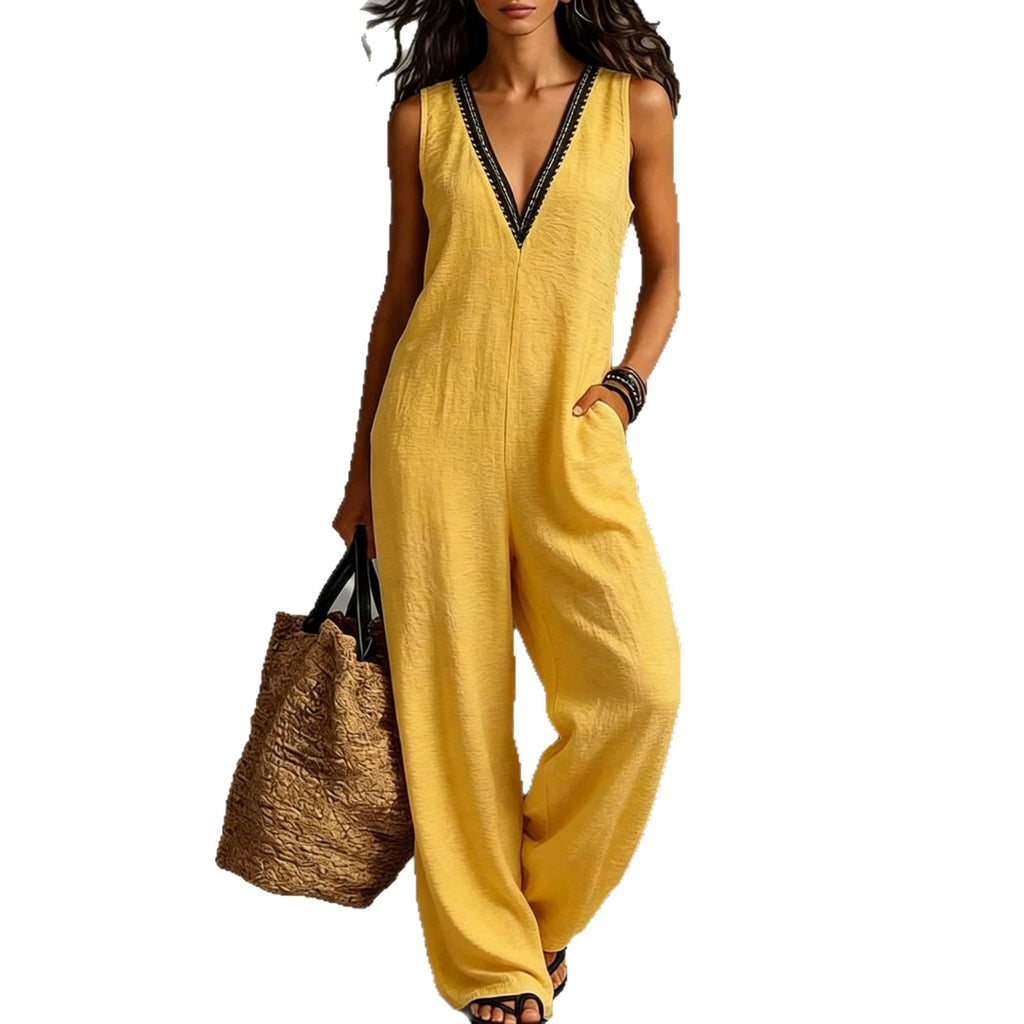 V-Ausschnitt Ärmelloser Jumpsuit mit weitem Bein