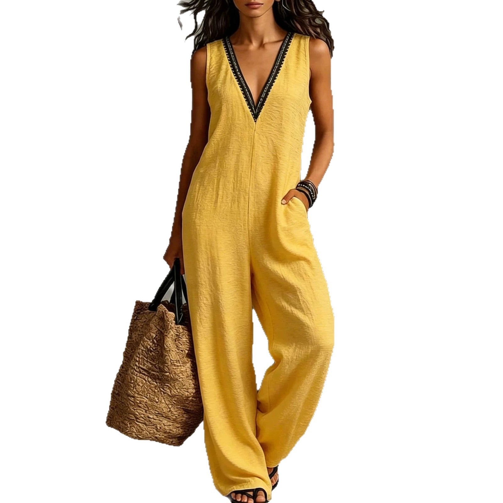 V-Ausschnitt Ärmelloser Jumpsuit mit weitem Bein
