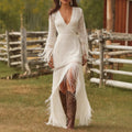 V-Ausschnitt 3/4-Ärmel Midi-Kleid mit Tasseln und asymmetrischem Rücke