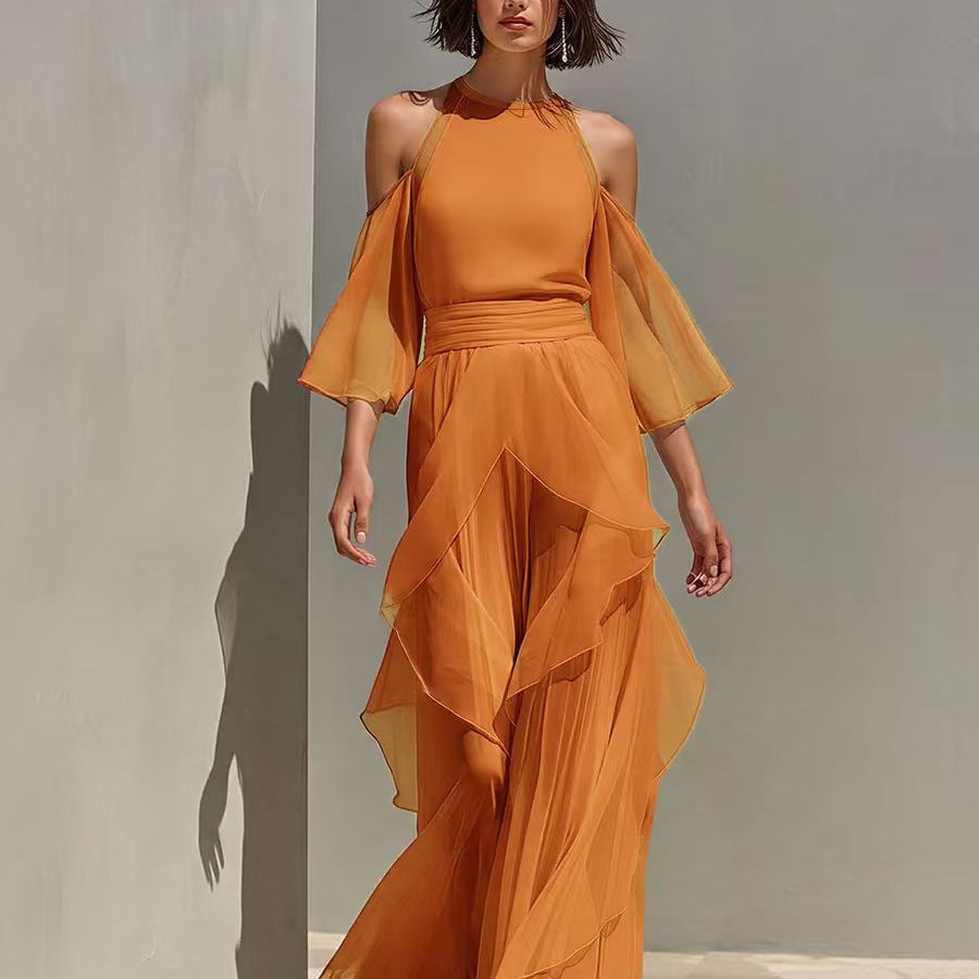 Chiffon-Set Bluse und weite Hose Damen