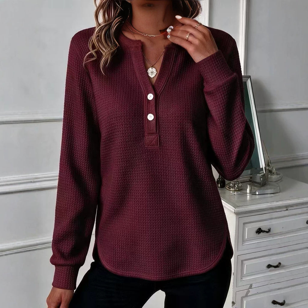 Damen-V-Neck Langarmshirt mit Doppel-Hemdblende
