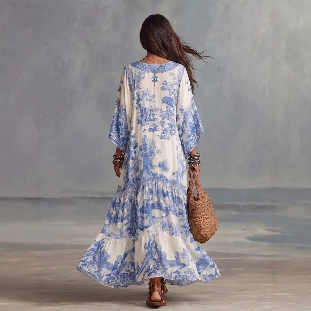 Boho Maxi-Kleid mit V-Ausschnitt und Fledermausärmeln