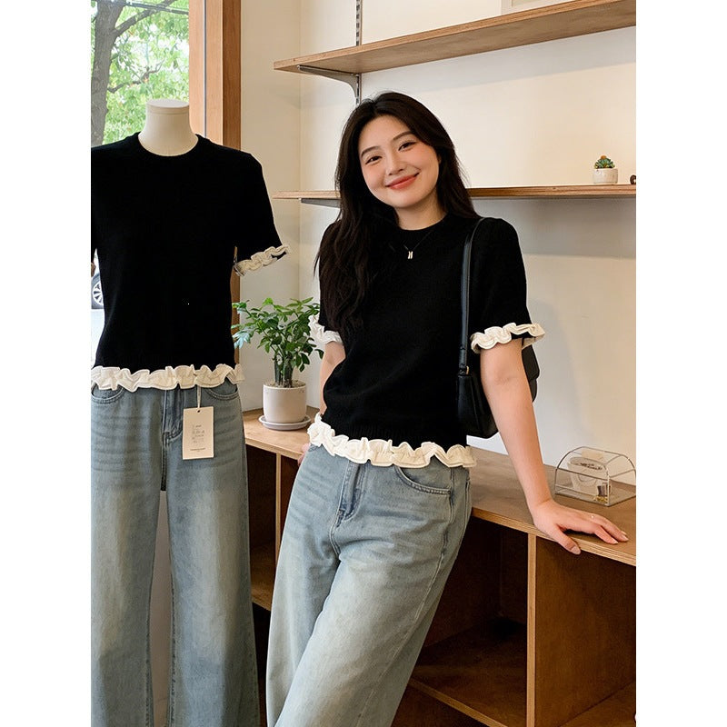 Elegantes Kurzarm-Shirt mit Holzohr-Rüschen
