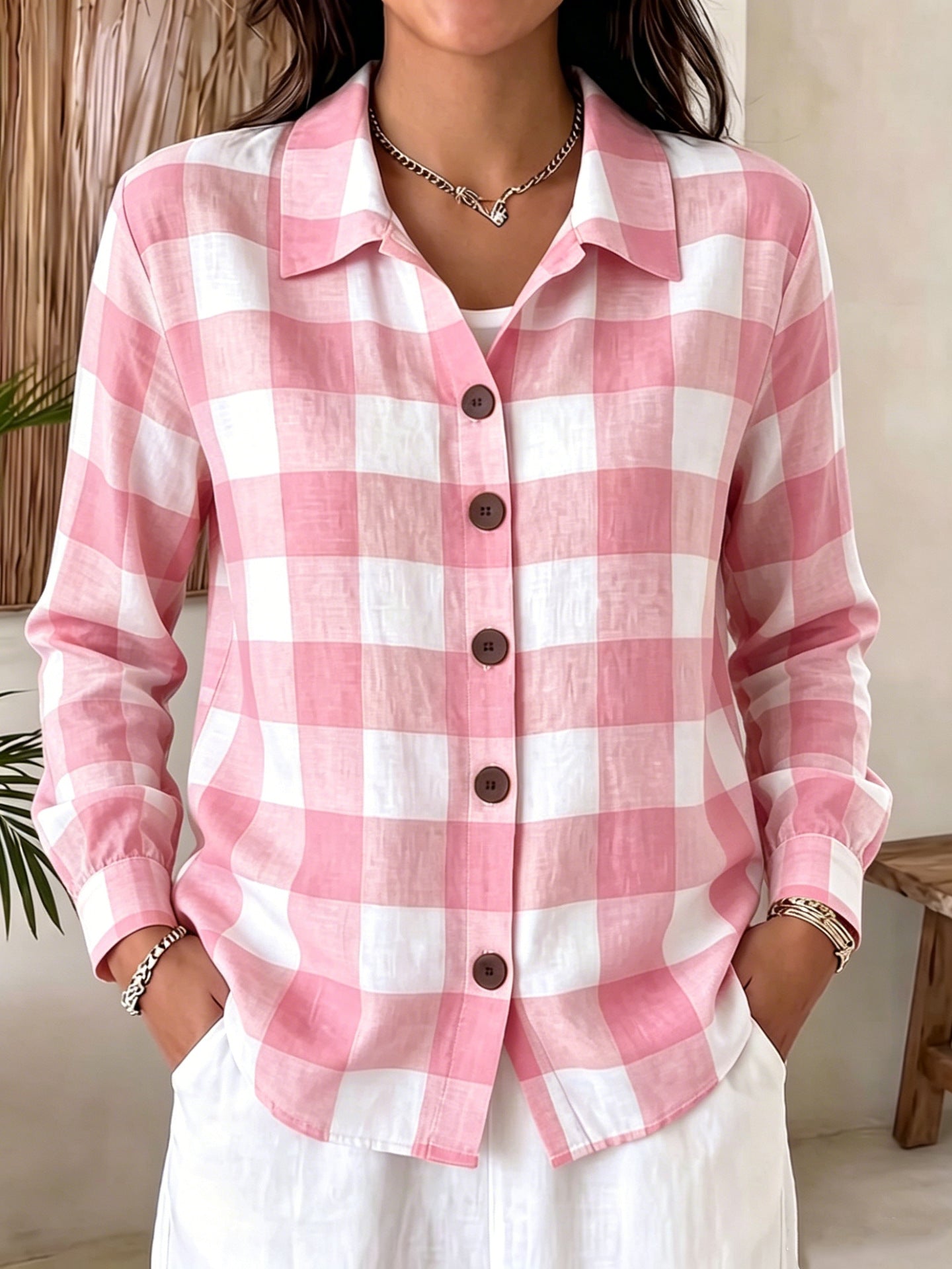 Bequeme Damen Langarm-Plaid-Shirt mit Knöpfen