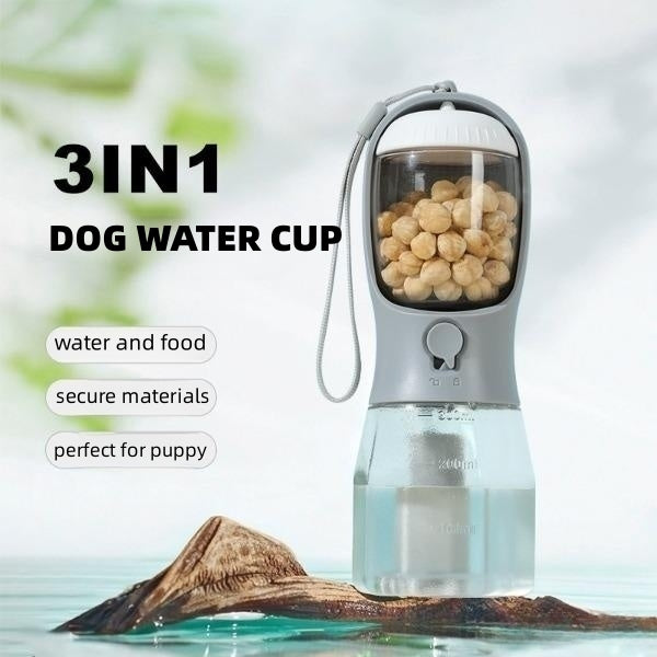 3-in-1 Pet-Flasche mit Wasser, Futter & Müllbeutel