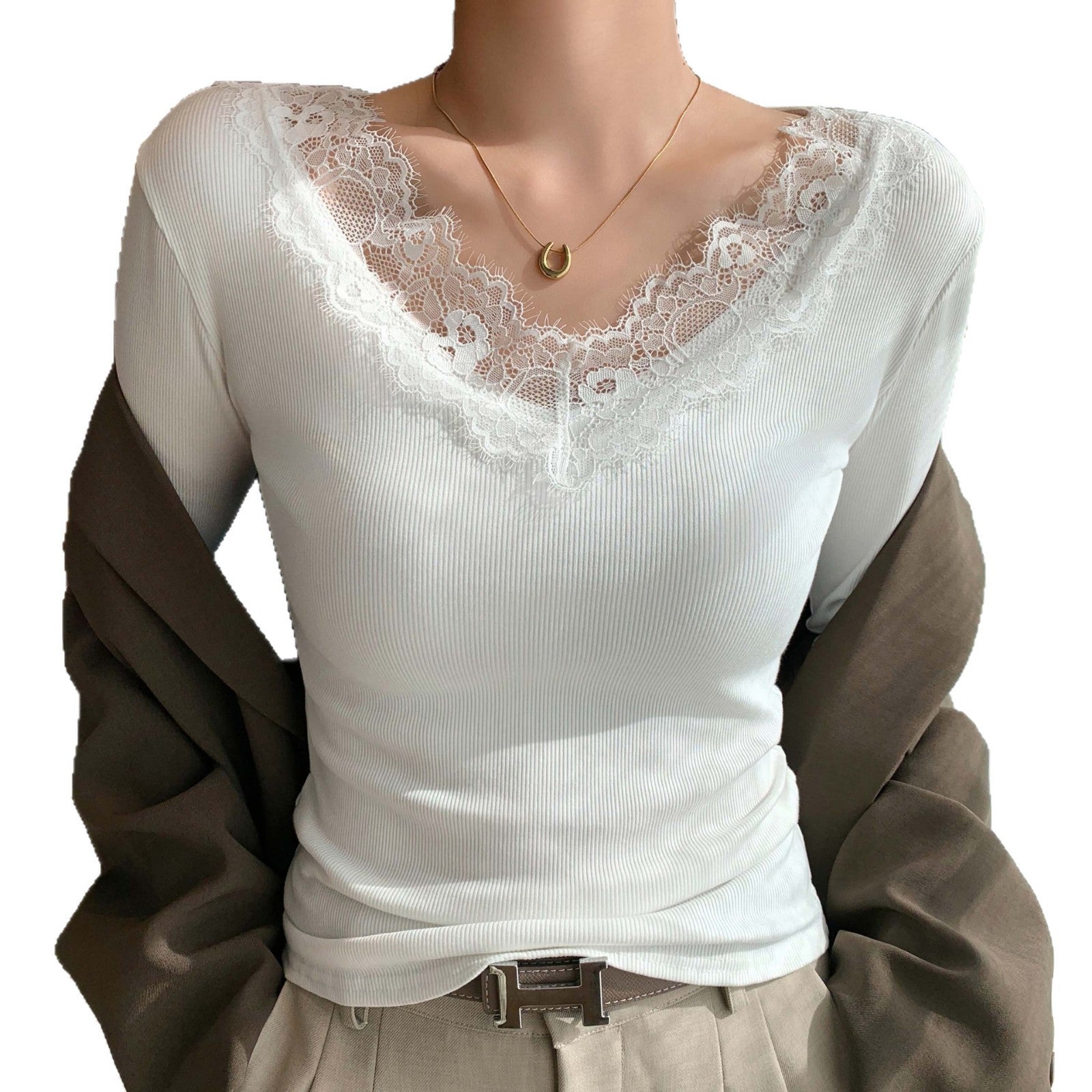 Spitzenbesetztes V-Neck Shirt mit Sheer-Look