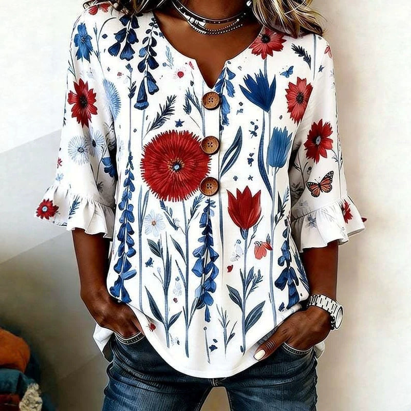 Spitzenbesetzte Bluse mit Blumenmuster