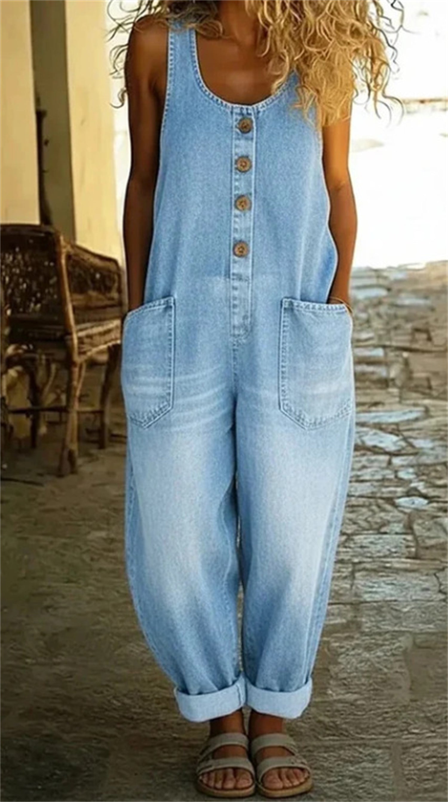 Ärmelloser Denim-Jumpsuit mit Taschen