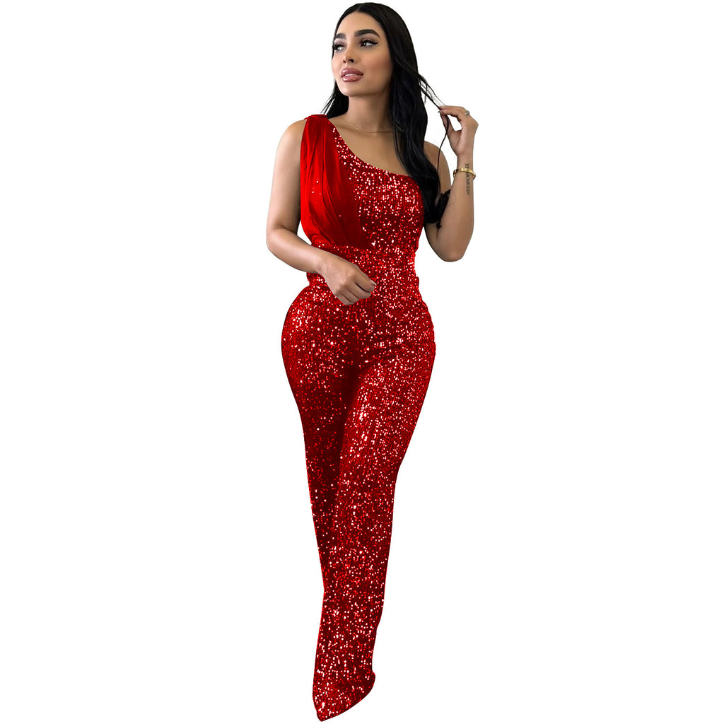 Eleganter Pailletten-Jumpsuit mit One-Shoulder
