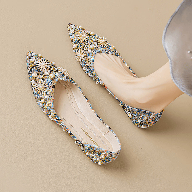 Spitze Flats mit Strass und Metallic-Print