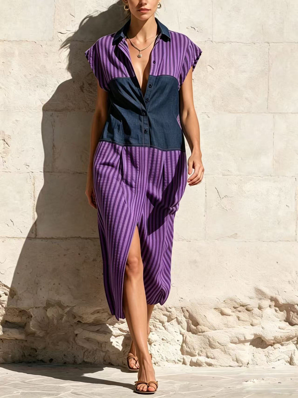 Gestreiftes Patchwork Hemdkleid mit Schlitz