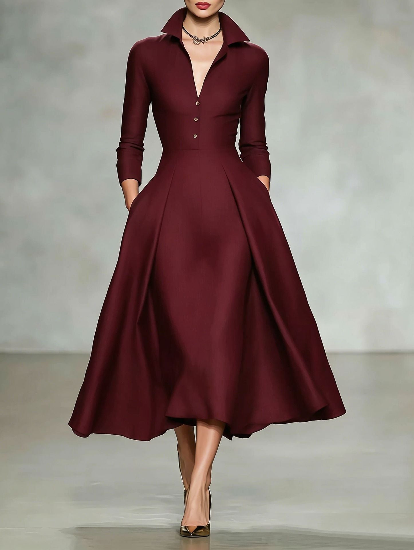 Tailliertes Langarm-Midikleid mit V-Ausschnitt