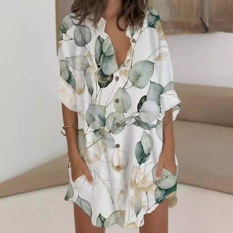 Midi-Hemdblusenkleid mit Blumenprint und Taschen