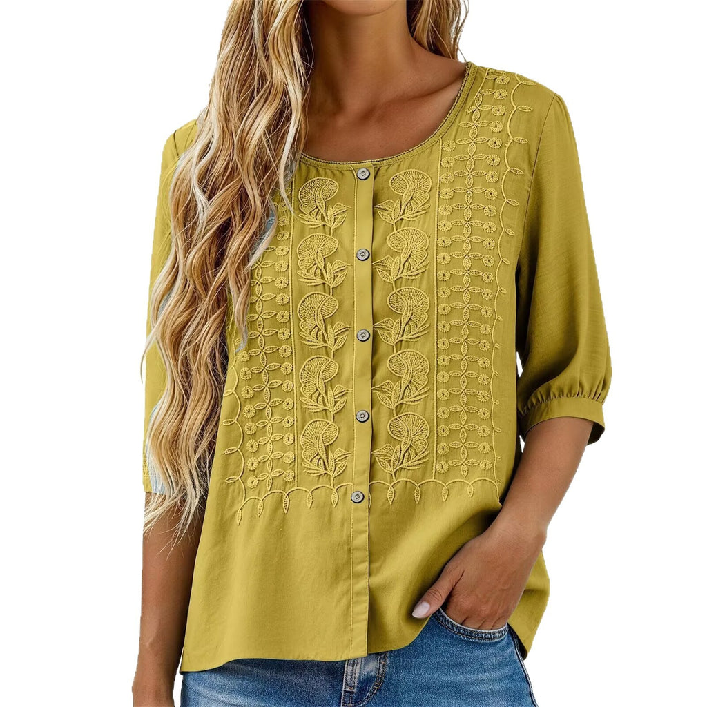 Besticktes V-Neck Shirt aus Baumwoll-Leinen
