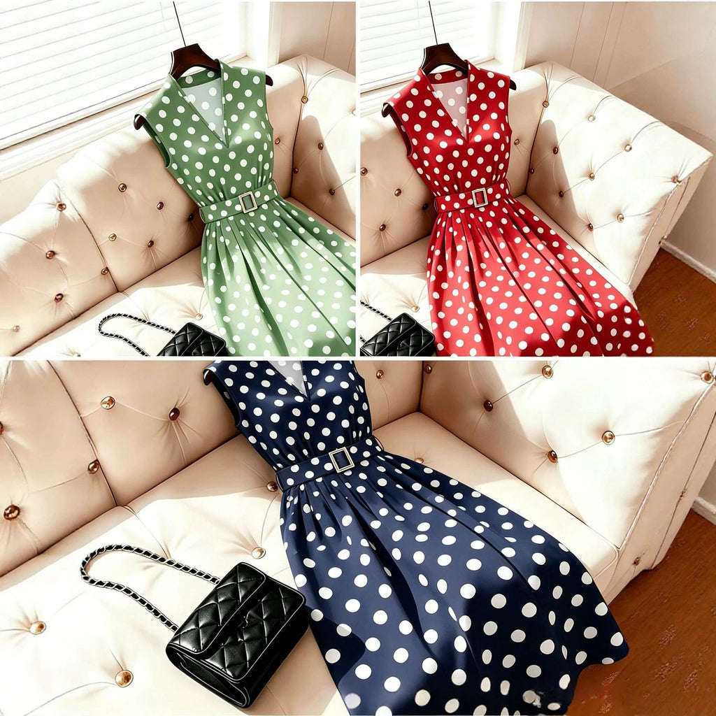 Punktiertes Midi-Kleid mit Gürtel