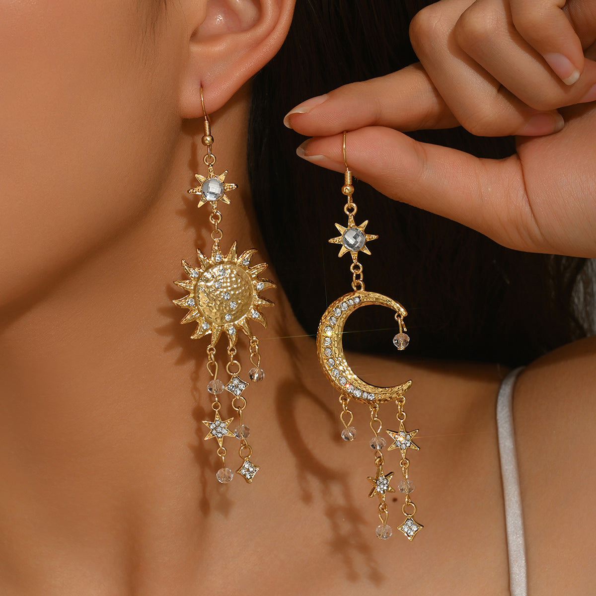 Vintage-Ohrringe Sonne & Mond mit Strass – Ansicht 4
