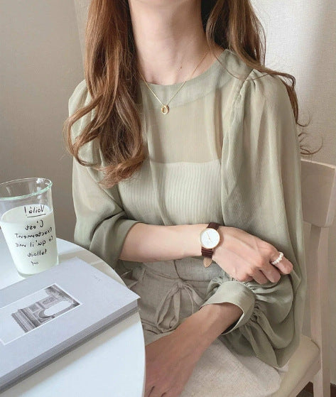 Chiffon-Top mit Puffärmeln und Rundhals