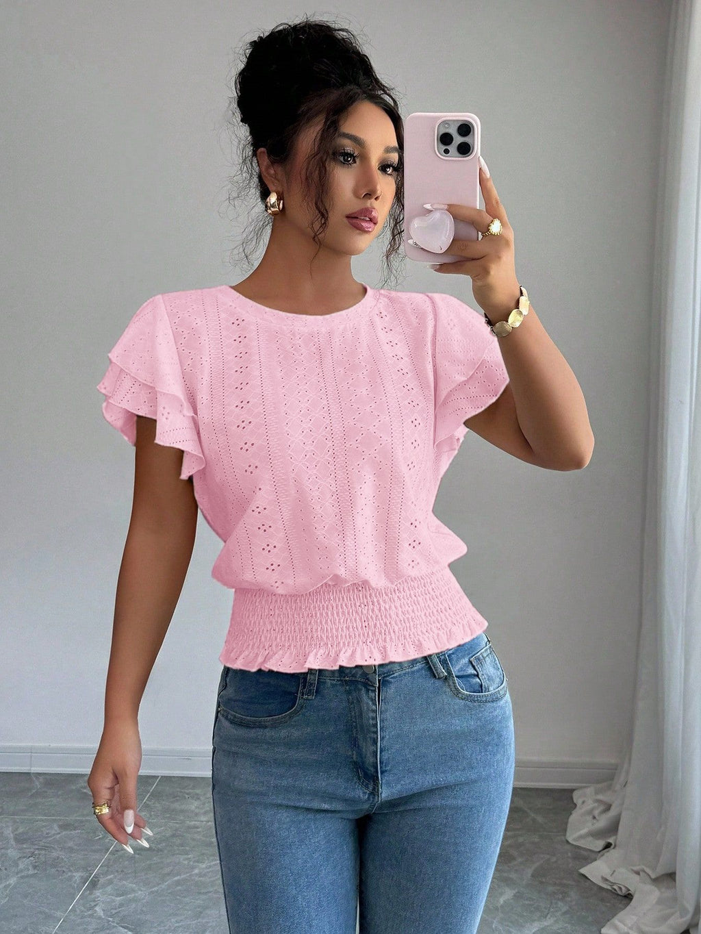 Damen Top mit Rundhals und Raffärmeln