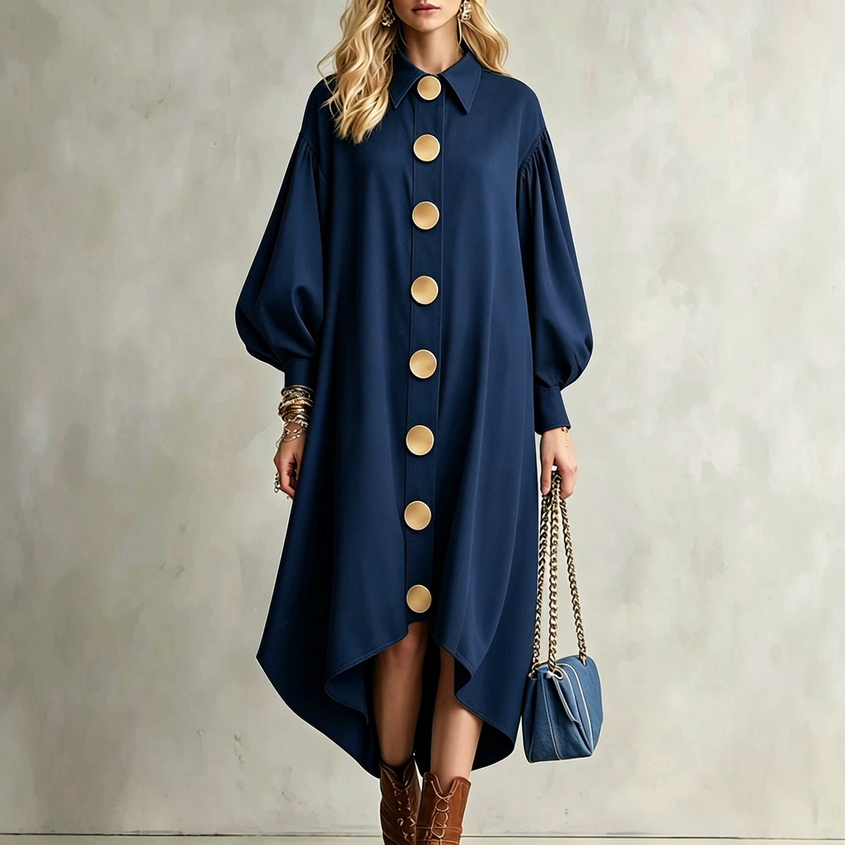 Kleid mit Reverskragen und Puffärmeln | LuxeStyle