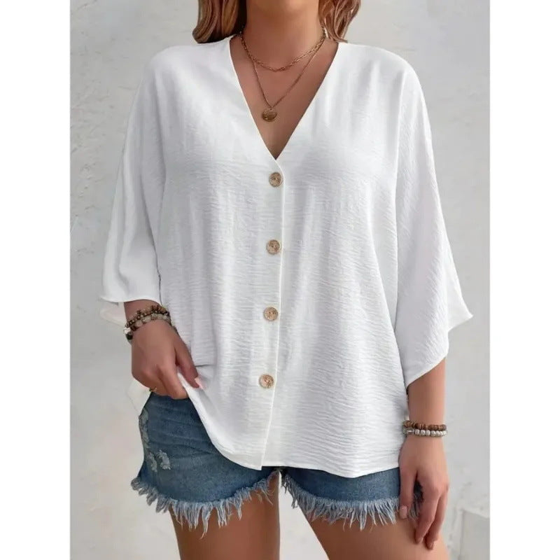 Damen V-Neck Shirt mit 3/4-Fledermausärmeln