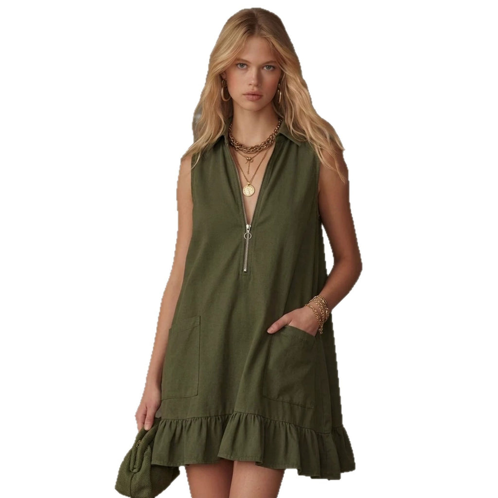 Ärmelloses V-Neck Rüschenkleid mit Taschen – Bild 6 | LuxeStyle