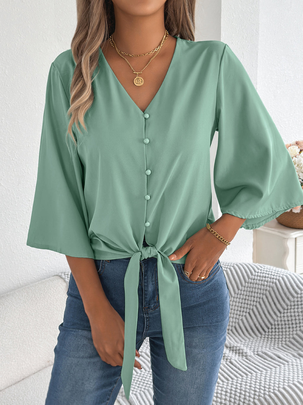 V-Ausschnitt Top mit 3/4-Ärmeln – Bild 6 | LuxeStyle