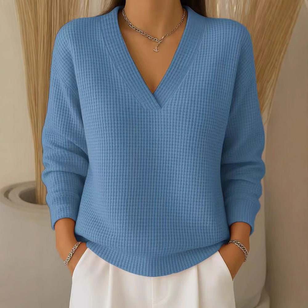 Casual Lockere Einheitsfarben Waffle-Langarm-Pullover