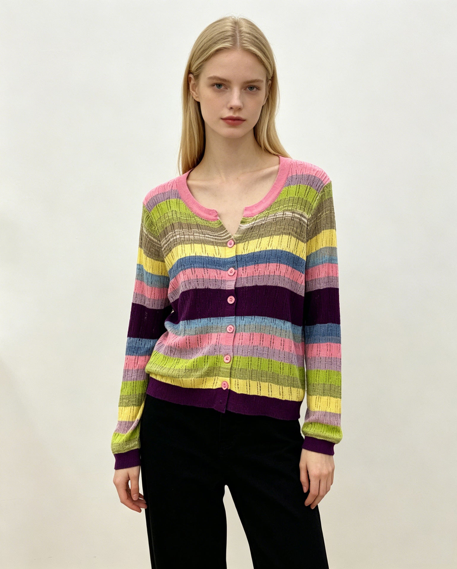 V-Neck Strick-Cardigan mit Farbblock-Streifen