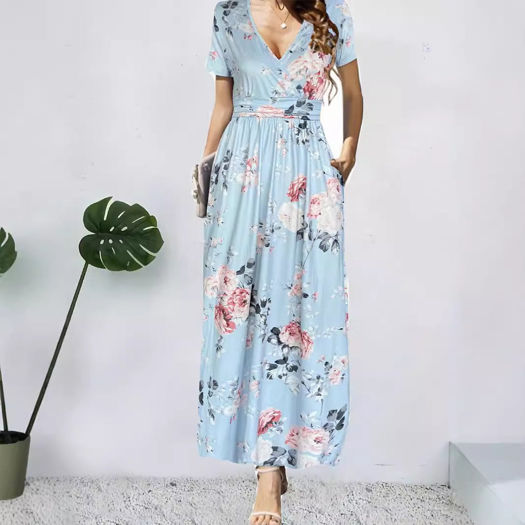 Bedrucktes V-Neck Sommerkleid mit kurzen Ärmeln | LuxeStyle